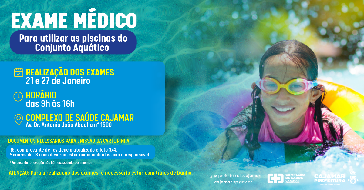 Exame médico para utilizar as piscinas do Conjunto Aquático do Parque Cajamar Feliz de Jordanésia