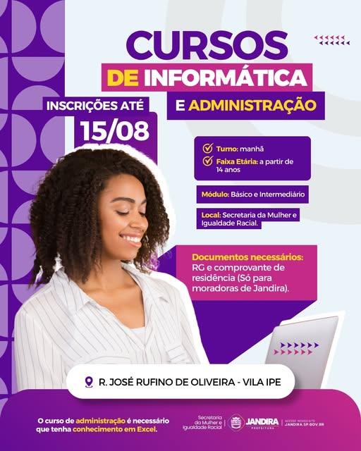 Jandira abre inscrições para cursos gratuitos de Informática e Administração voltados às mulheres