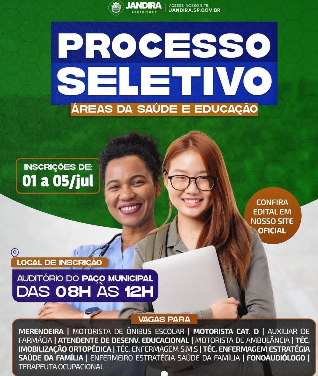 Prefeitura de Jandira abre processo seletivo para as áreas da Saúde e Educação