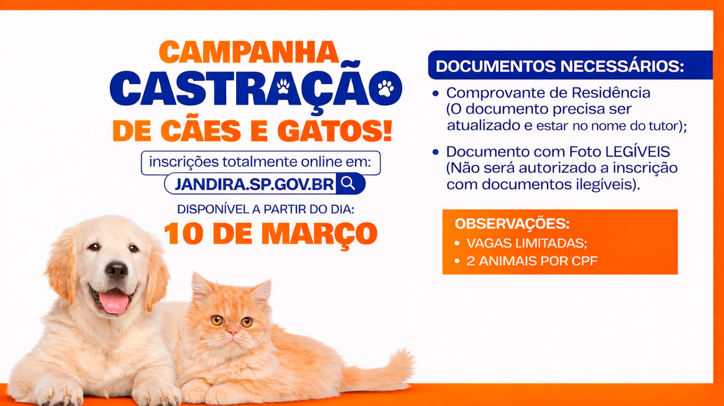 Jandira abre inscrições para nova Campanha de Castração de Cães e Gatos
