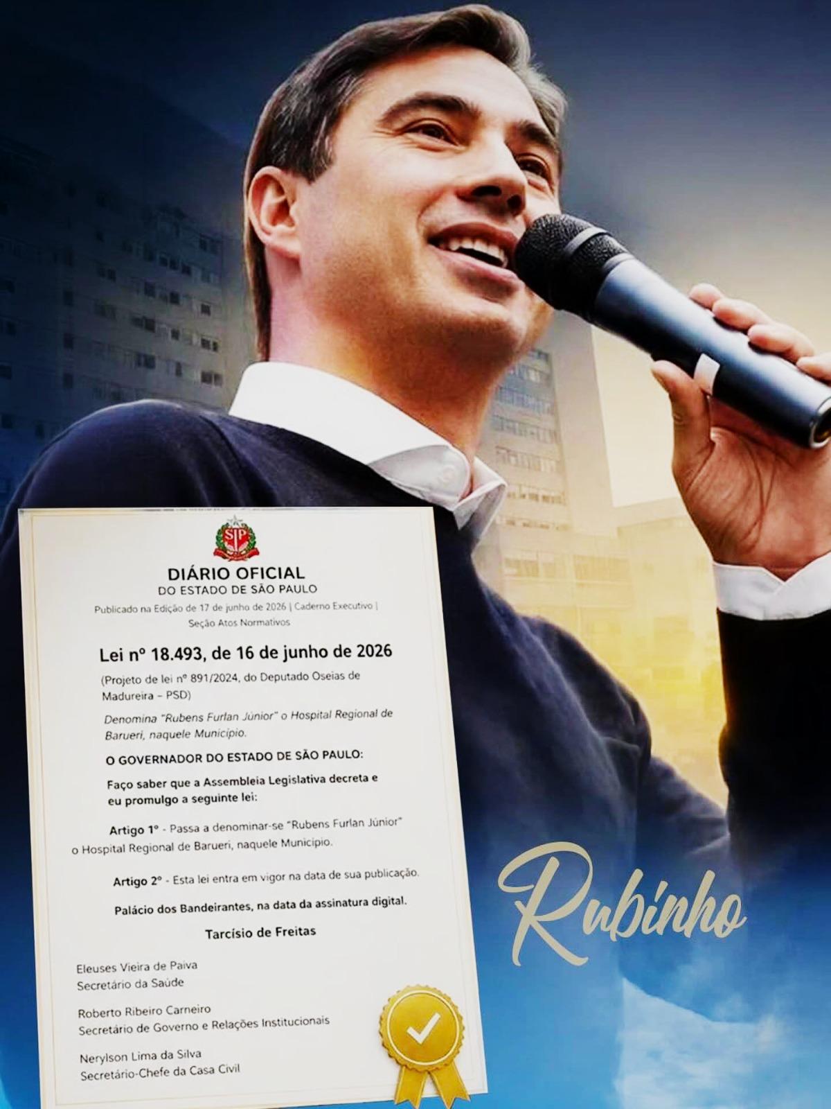 Rubens Furlan, acabada de anunciar que o novo Hospital Regional de Barueri vai se chamar “Rubens Furlan Júnior”